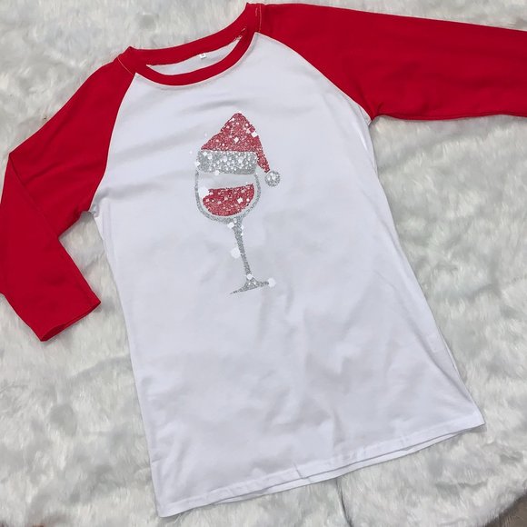 BRAND NEW Christmas Glitter Santa Hat Wine Raglan Glass Shirt - Picture 5 of 7